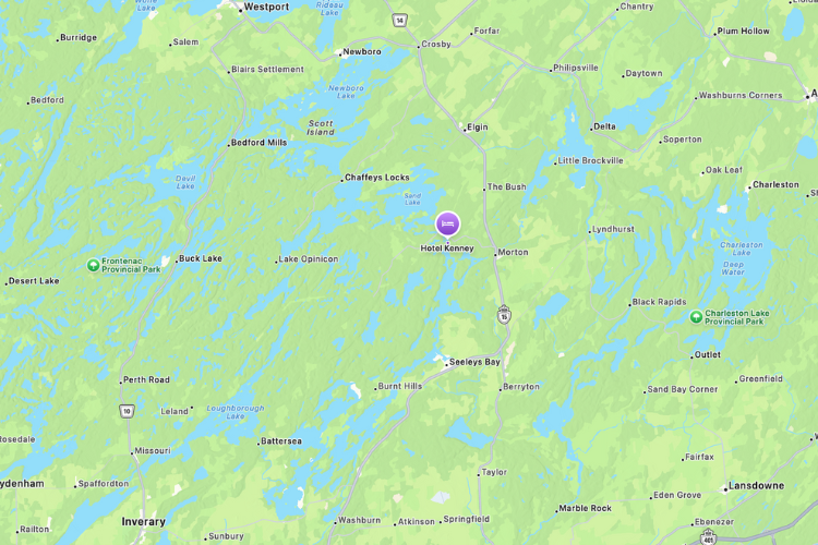 Map of Hotel Kenney in Southeastern Ontario. Hotel Kenney sits aside the Rideau Canal, and UNESCO World Heritage designated site.