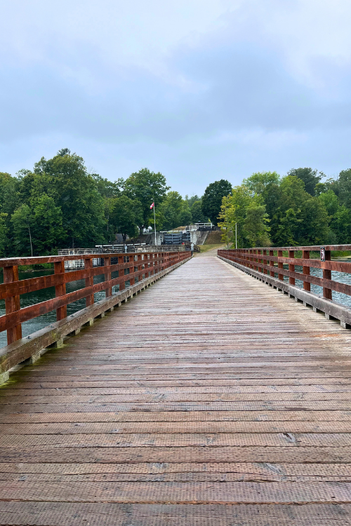 Lock 42, Jones Falls, wooden board walk across the Rideau Canal in Ontario