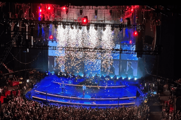 Sparks fly from the sky during a Mumford and Sons performance at the Bell Centre in Montreal, Quebec.