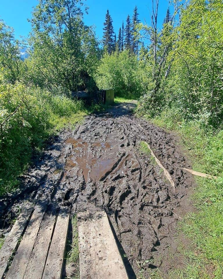 A few wooden planks lead from the portage trail and disappear into the knee deep mud of this section. In the background there are two bear lockers to store gear in an attempt to lighten the canoe to make it easier to pass.