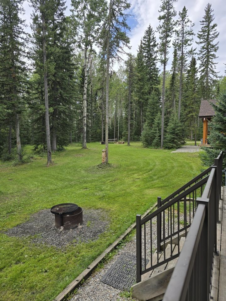 A view from a cabin deck at Bearberry Cabins near Sundre, Alberta, Canada, showing a private fire pit and surrounding forest.