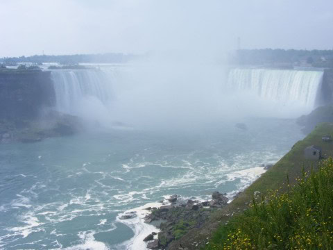 Niagara Falls seen from the Niagara River Recreational Trail in Ontario, Canada, featuring Horseshoe Falls and dramatic river views, a must-see natural attraction for hikers, cyclists, and sightseeing visitors.