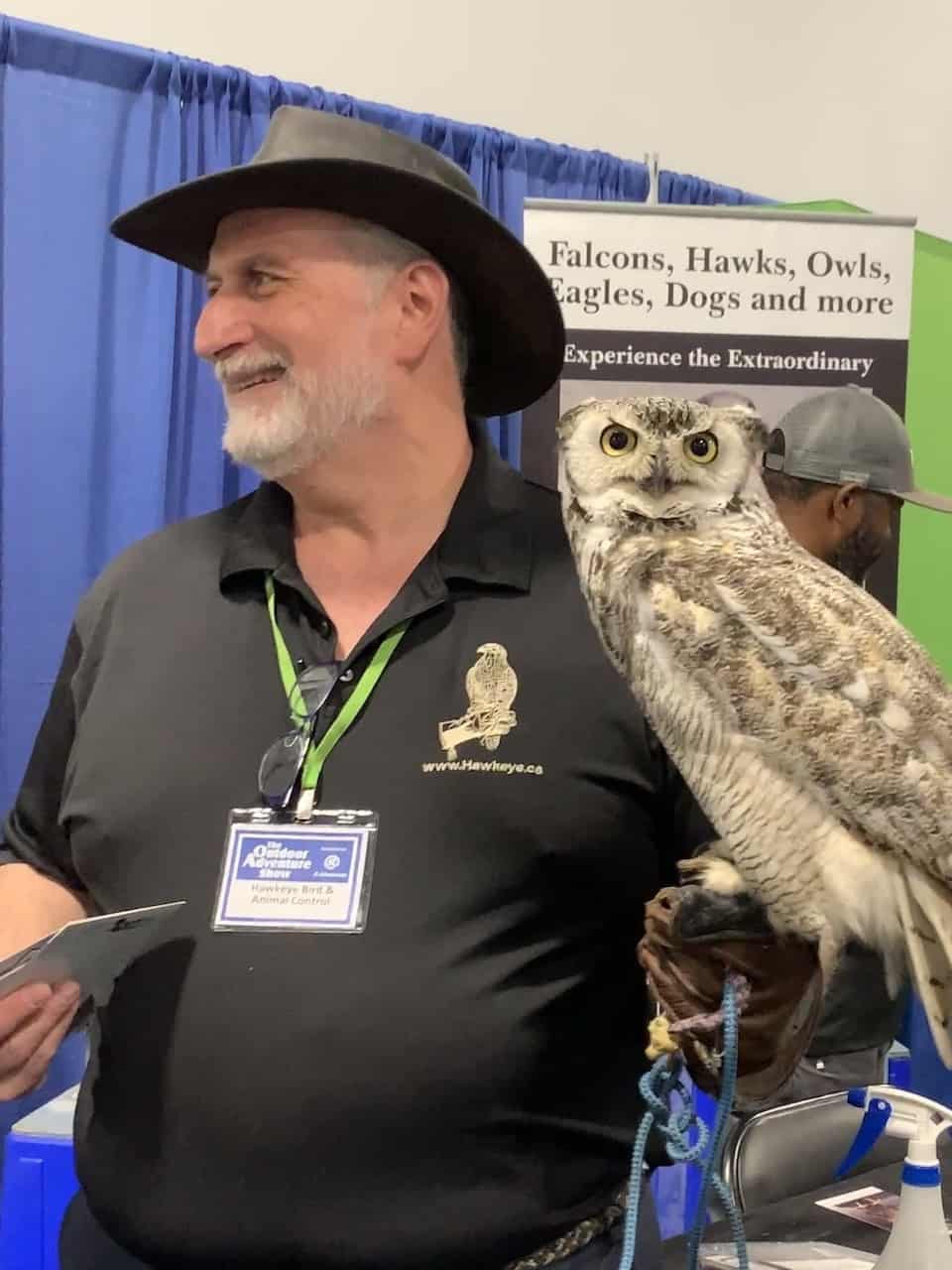Outdoor Adventure Show Owl in Toronto Ontario Canada - This Falconry company offers classes, demos and education using falcons, owls, hawks and eagles.