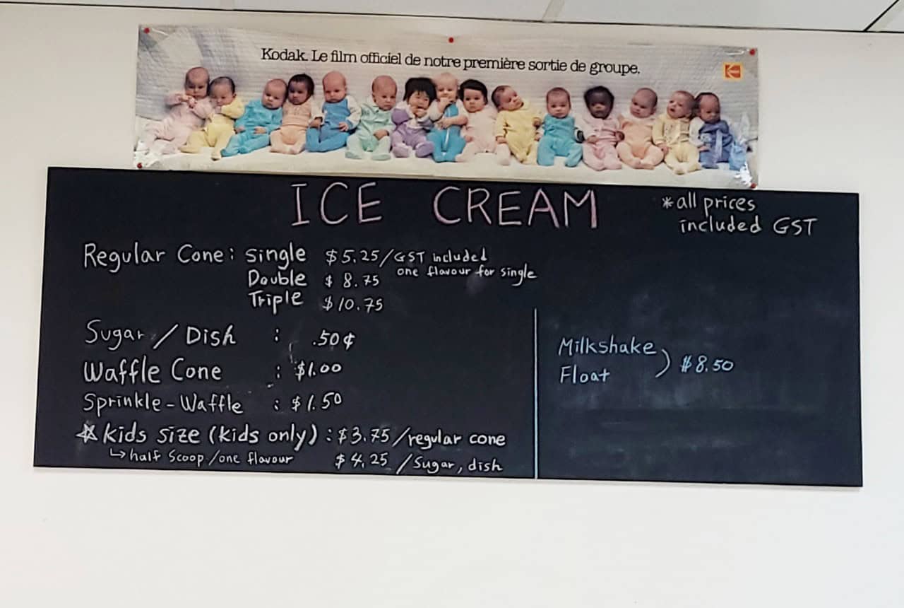 Menu at the Frontier Candy & Ice Cream  Shop - Bragg Creek Alberta Canada 2024-06-12 - Grab a cool treat at the Frontier Candy & Ice Cream Shop!
Delicious ice cream and generous portions!
Open 11 am - 9 pm daily 
Bragg Creek, Alberta, Canada