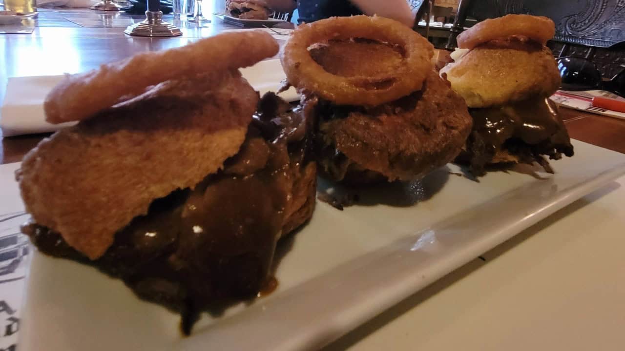 Prime Rib &Yorkies at Hopkins Dining Parlour - Moose Jaw Saskatchewan - Done to perfection Yorkies or Yorkshire Puddings filled with Prime Rib Beef and served with  crispy onion rings and Horseradish Mayo. 
So mouthwatering!
Available on the Hopkins Dining Parlour Dinner Menu from 5 pm to close.
Moose Jaw, Saskatchewan, Canada.