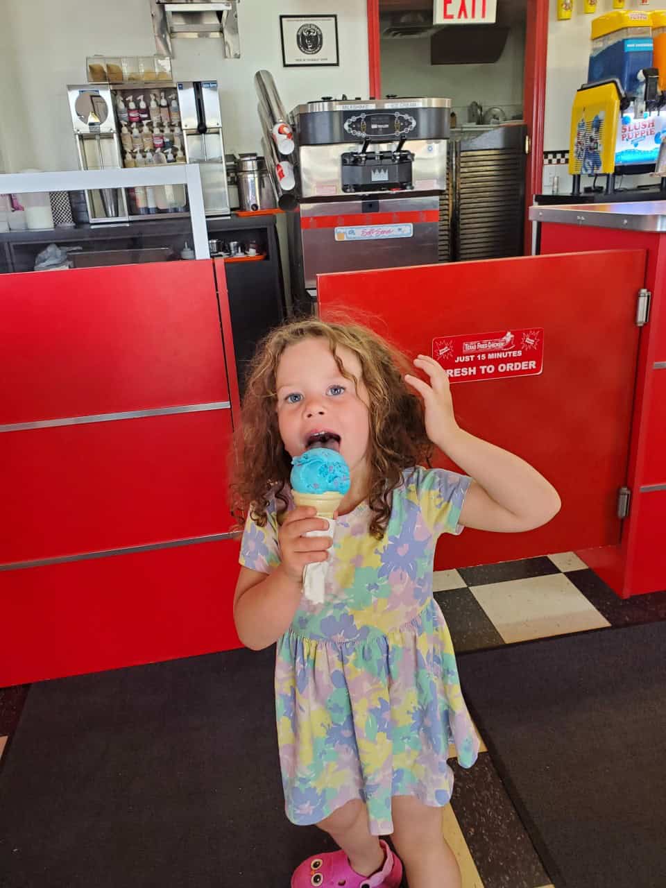 Happy Little Adventure Seeker  - Bubblegum ice cream is always a hit! Little Seeker enjoyed her ice cream cone at the Burger Baron during a hot summer day