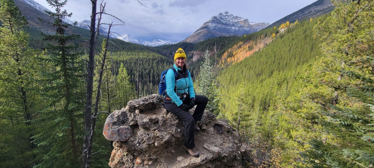 Arnica Lake Trail Rock Viewpoint - There are some amazing views along the Arnica Trail in Banff National Park. From here you can see a weather system starting to roll in....good thing we brought our daypacks with everything we will need.
