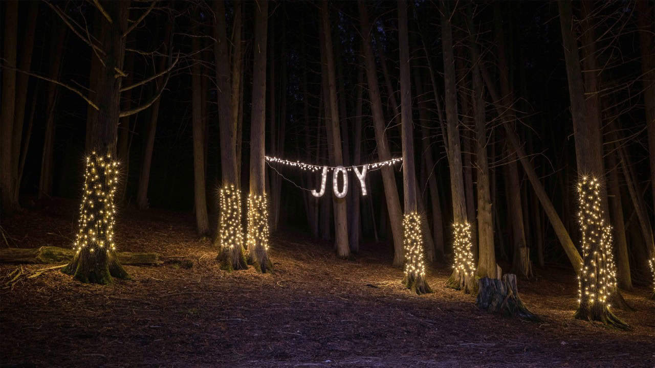 Joy At Illuminated Forest - Lights spreading Joy thru the illuminated cedar forest at Kawartha Conservation Lindsay Ontario Canada