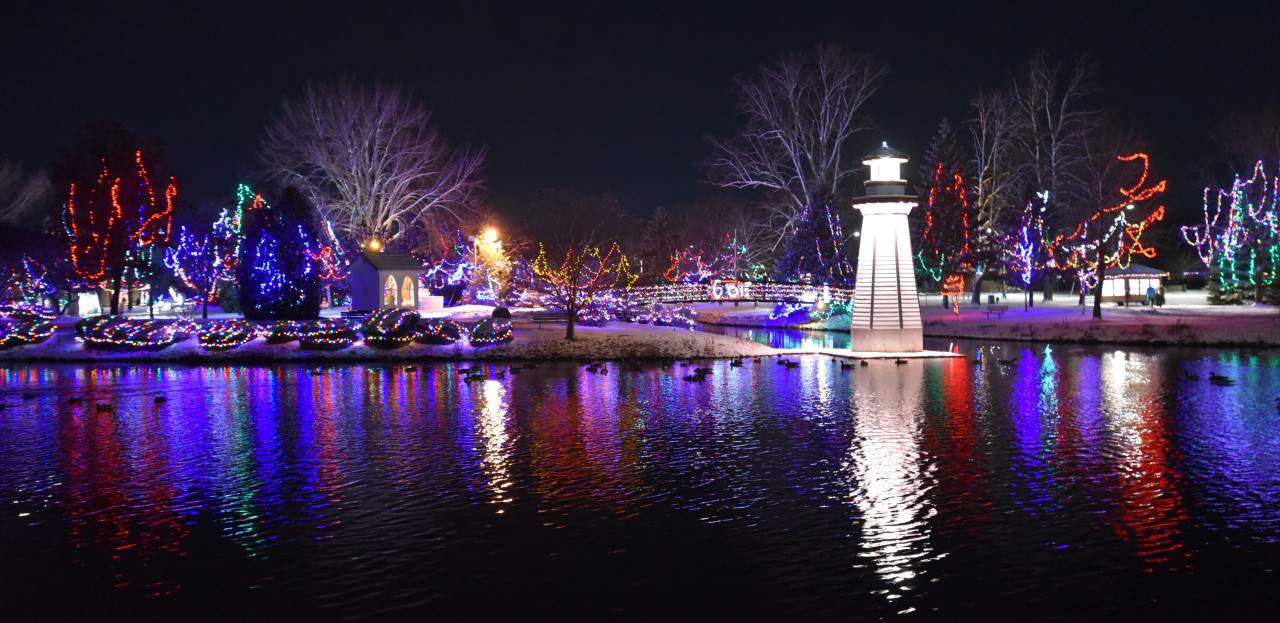 Simcoe Christmas Panorama Norfolk County Ontario - Colorful festive lights set Wellington Park alight with holiday spirit at the Simcoe Christmas Panorama in Norfolk Ontario Canada.