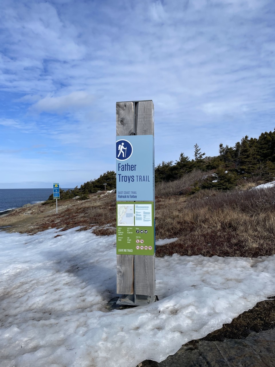 Hiking Father Troy's Trail, East Coast Trail, Newfoundland and Labrador 2025-03-02 - Signage at the trail head in Flatrock. 