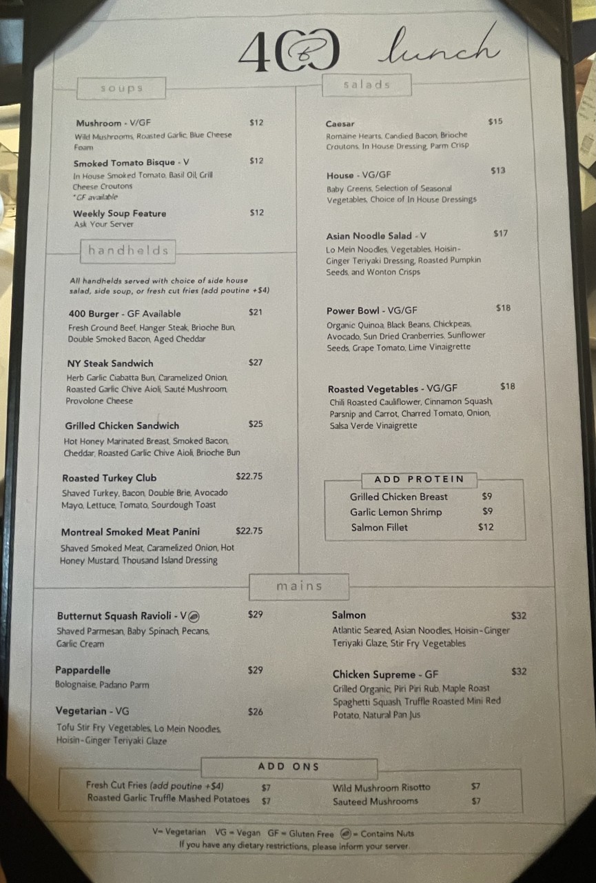 400-Brant-Lunch-Menu-Burlington-Ontario - There were so many great choices on the lunch menu at 400 Brant Kitchen and Bar in Burlington, Ontario, Canada.