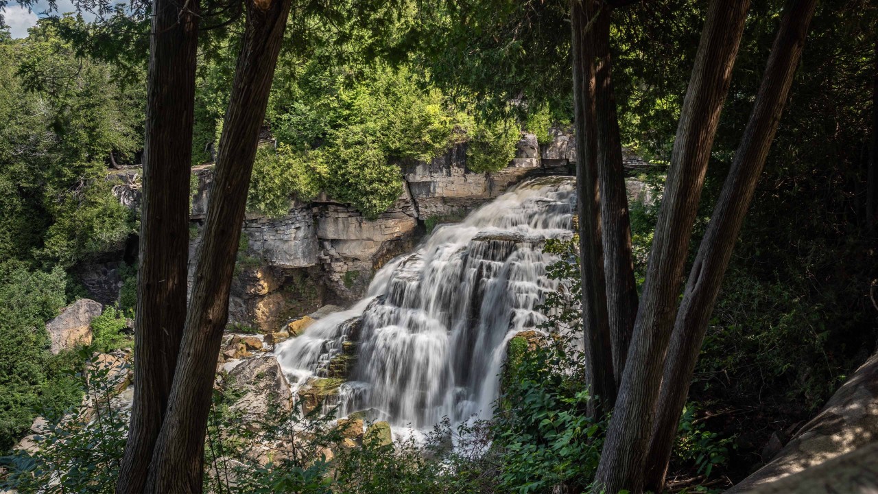 Inglis-Falls-Through-The-Trees - The trees framilng Inglis Falls perfectly with the sun coming down over the Niagara Escarpment near Owen Sound Ontario