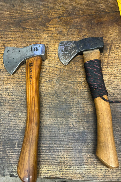 Example-forged-axes - On display were example axes. These two had been forged during previous classes.