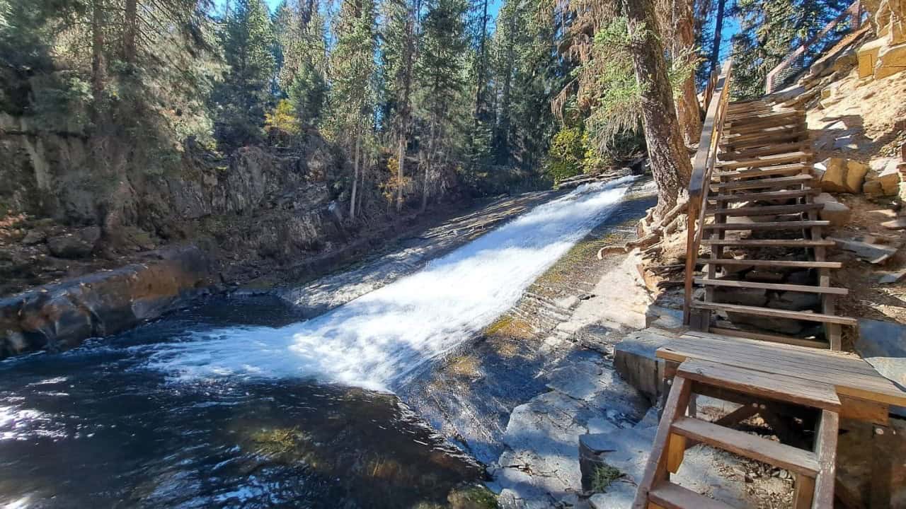 Cherry Creek Falls Kimberley BC Stair Access - Sturdy stairs provide safe access to a close view of Cherry Creek Falls Kimberley BC. Plus, families and travelers appreciate the easy walk and the rewarding waterfall experience.