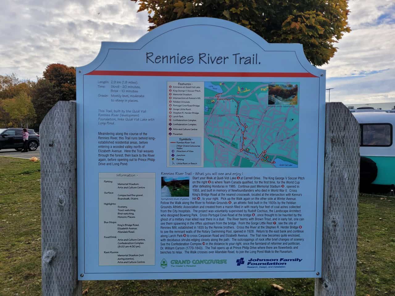 Maps and Signage Clearly Mark Rennie’s River Trail, St. John’s, NL - A detailed map of Rennie’s River Trail in St. John’s, Newfoundland, highlights the route of this 3 km path along the river, and its connection to the Grand Concourse Trail Network for easy navigation and exploration.
