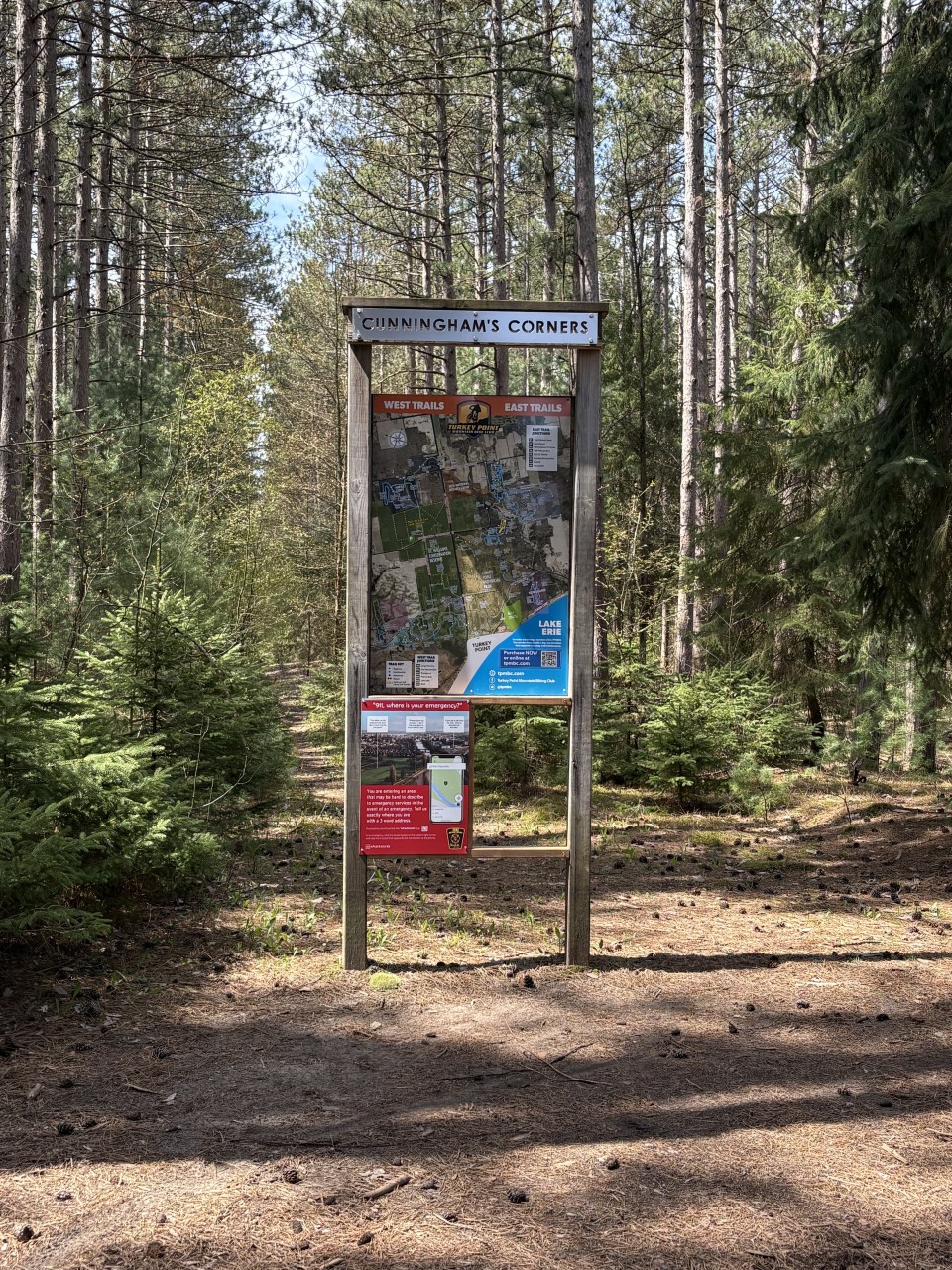 Cunninghams-Corners-at-Turkey-Point - The maps posted throughout the park help riders navigate their way through the numerous trails offered at Turkey Point. Cunningham's Corners was named in memory of a friend that was big part of the mountain bike community.
