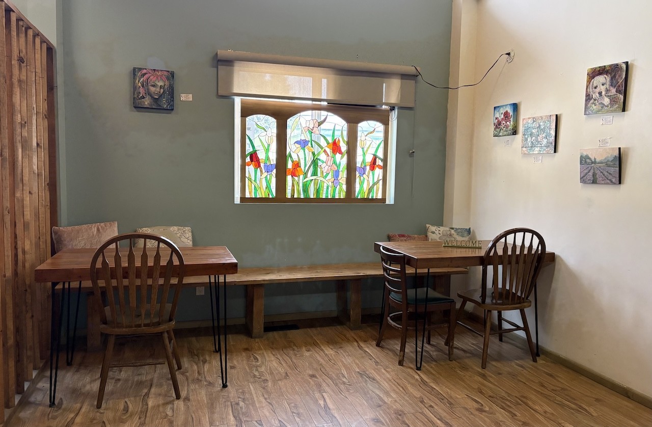 Decor-at-Frannies-Coffee-Princeton-British-Columbia - The flowered stained glass windows beautifully added to the unique and cozy decor at Frannie's Coffee Shop in Princeton, British Columbia, Canada.
