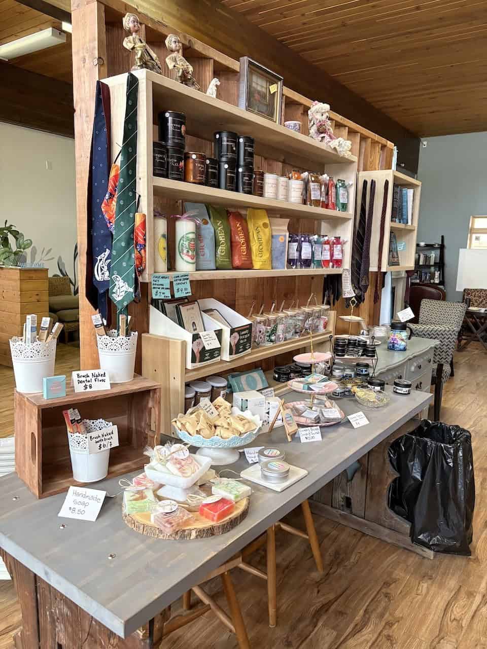 Homemade-Goods-at-Frannies-Coffee-Shop - Frannie's Coffee Shop sells the products of a number of local artists and vendors. There were a variety of unique items including crafts, homemade soaps and jewellery.