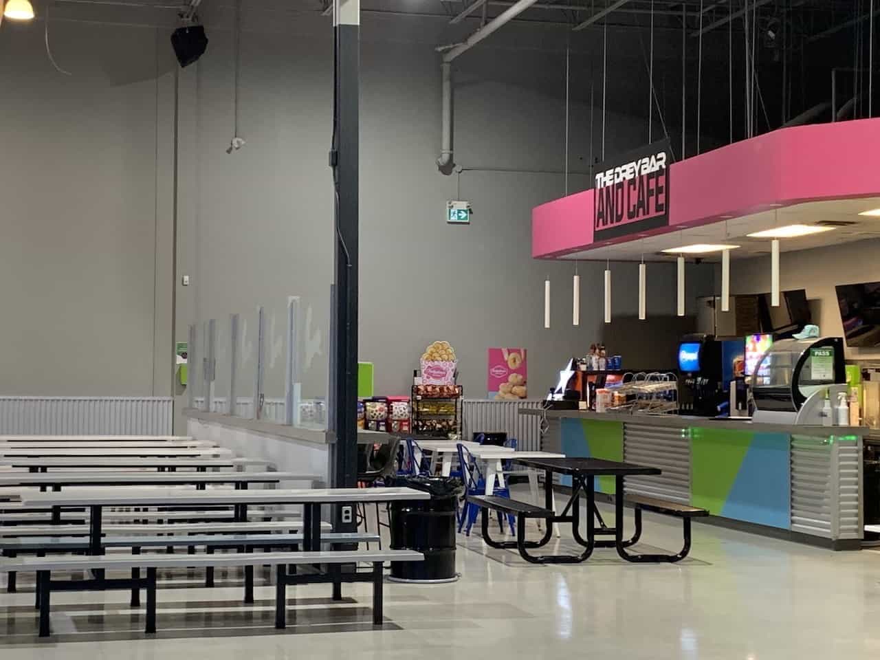 Drey Cafe and Party Area at The Flying Squirrel Trampoline Park - The Flying Squirrel Indoor Trampoline Park in Hamilton, Ontario has a large party area where parties and various events are hosted. The Drey Cafe offers a variety of snacks, appetizers, pizzas, and drinks.