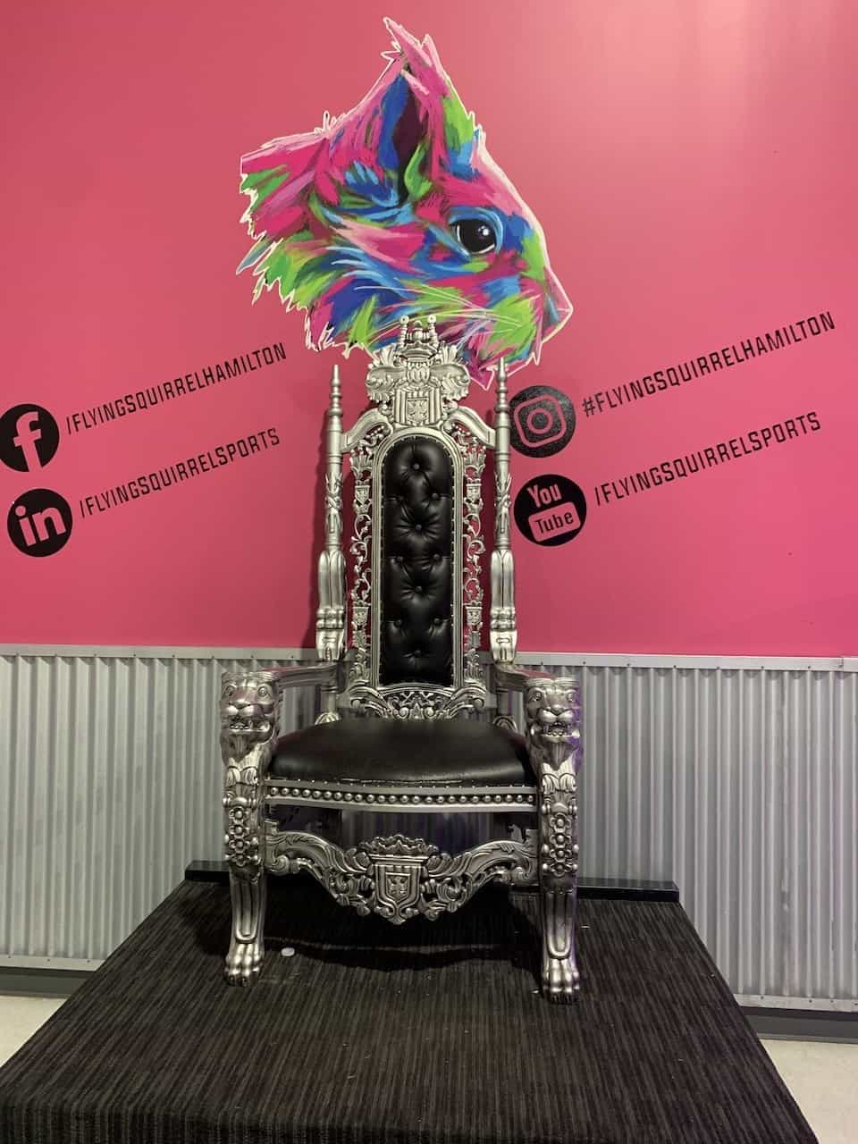 Flying Squirrel Picture Throne in Hamilton Ontario - The Flying Squirrel Throne is a popular spot to take pictures with your group at the Flying Squirrel Indoor Trampoline Park in Hamilton, Ontario.