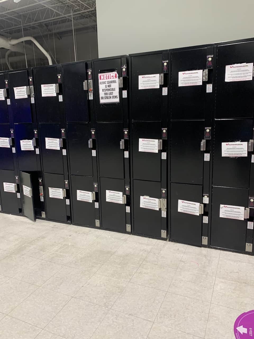 Lockers for Personal Belongings at Flying Squirrel in Hamilton Ontario - There are lockers near the entrance of Flying Squirrel Indoor Trampoline Park in Hamilton, Ontario. This is safe spot to store your personal belongings while you are jumping.